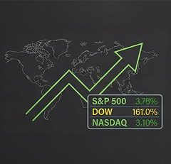 Illustration of an upward trending arrow above a map of the world